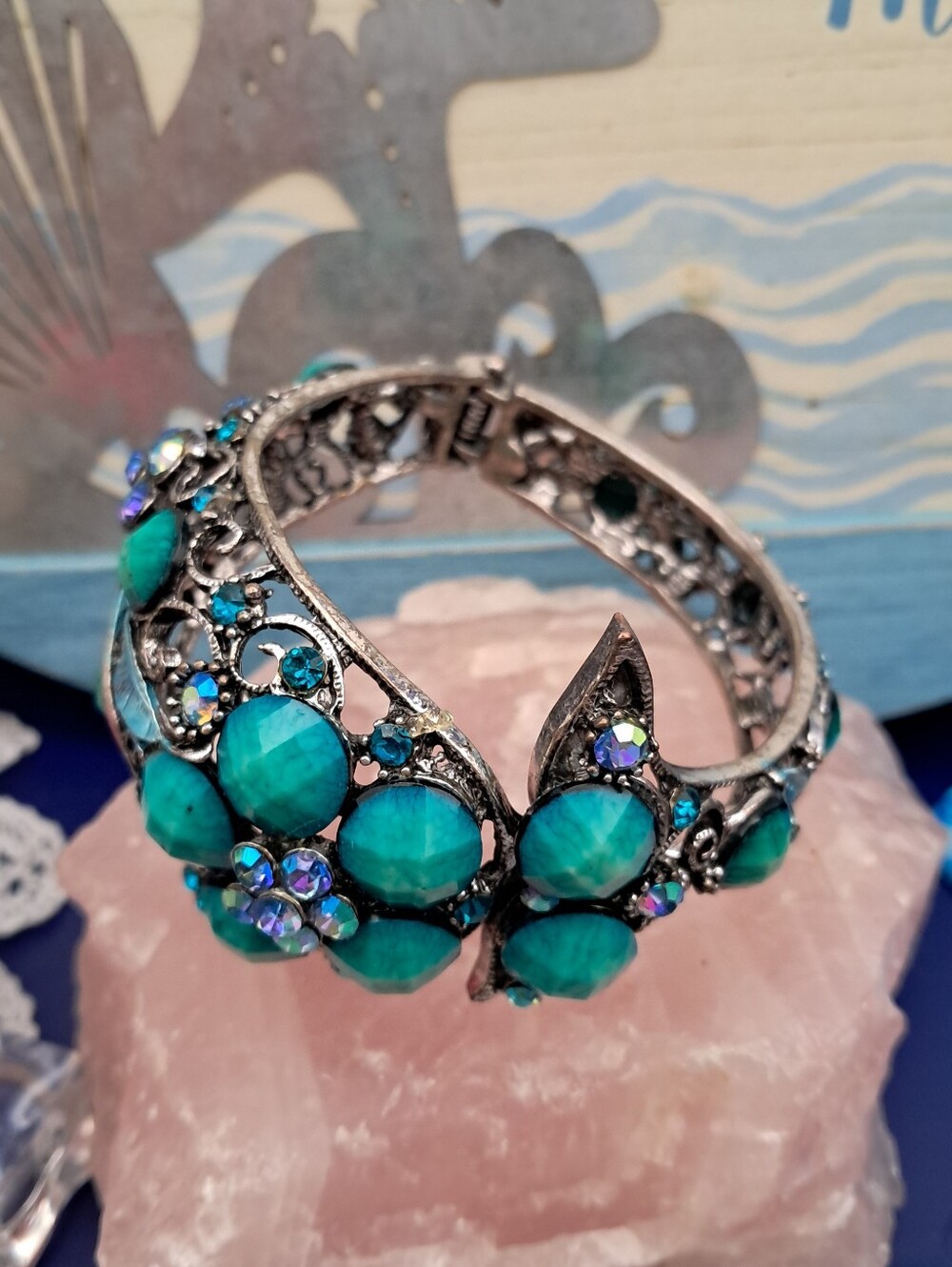 Vintage Whale Motif Hinged Clamp Bracelet w/ Turquoise & Rhinestones